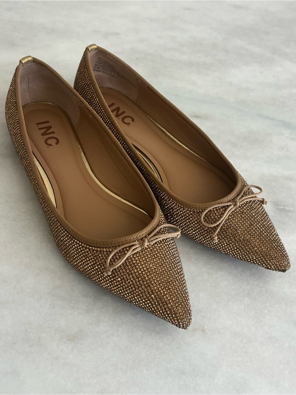 INC International Concepts Persie Bow Rhinestone Pointed Toe Flats Gold Sz 6.5